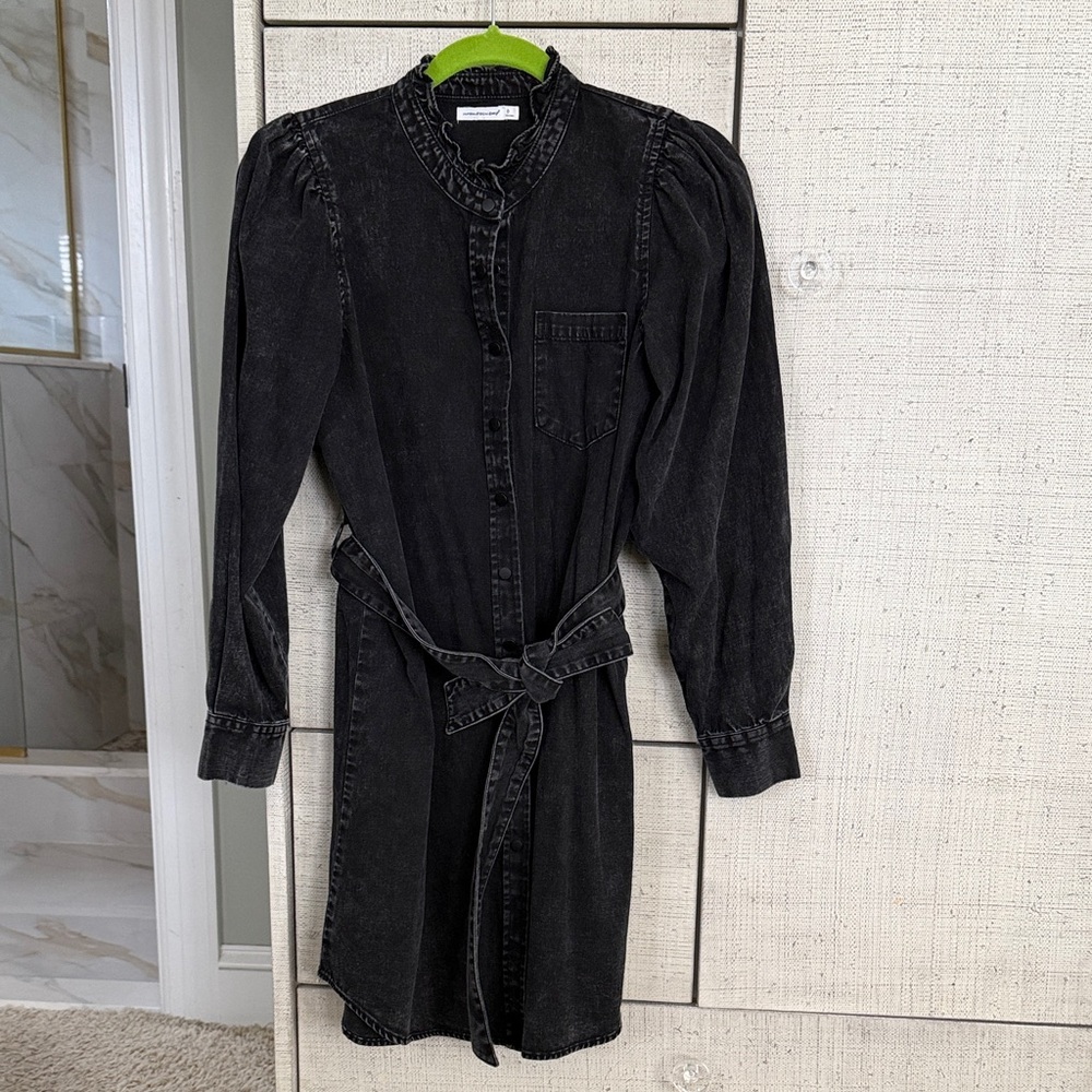 Unsubscribed Black Denim Long Sleeve Dress with Belt
